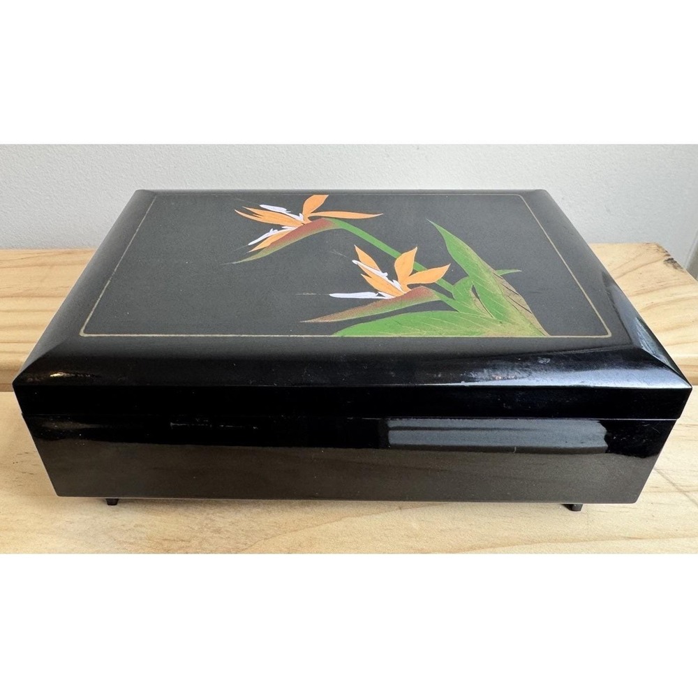 VTG Black Bakelite Japanese Hand Painted Jewelry Music Box Hand‎ Painted Flowers